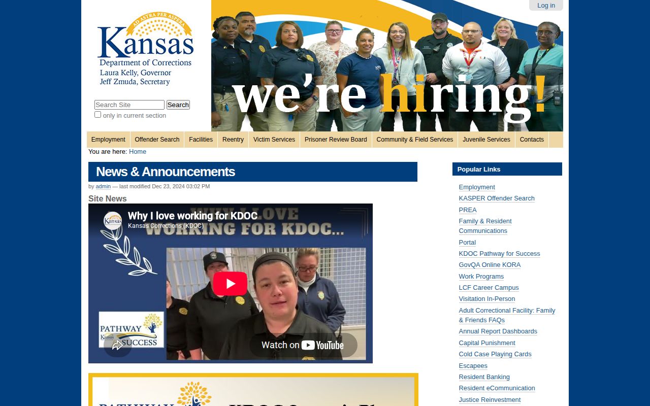 Kansas Department of Corrections release records home page