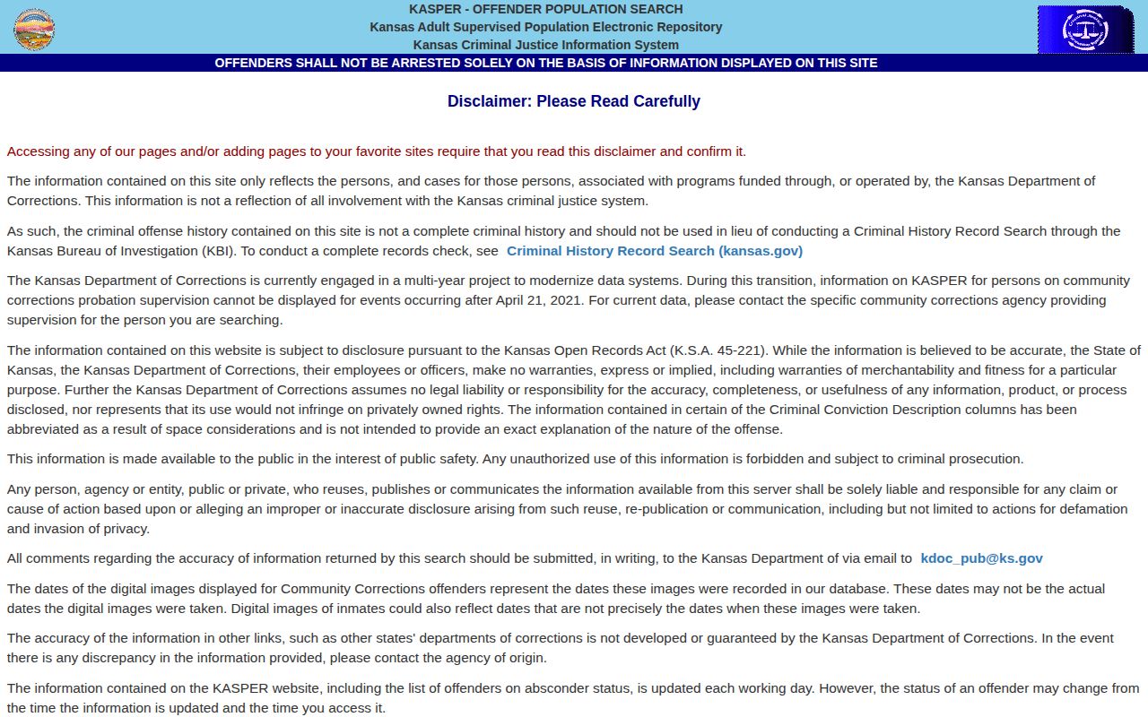 KASPER disclaimer and Kansas offender search entry