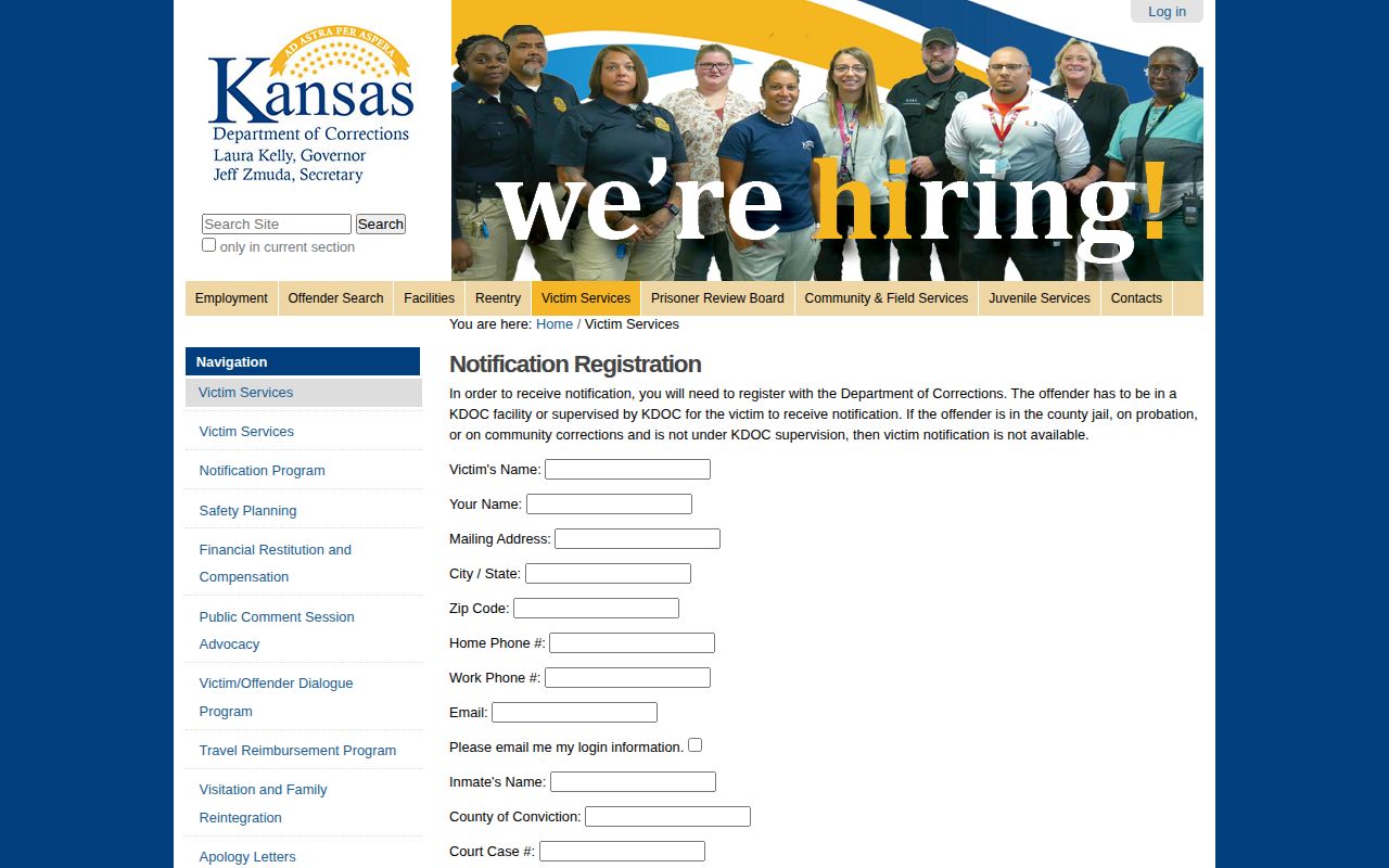 Kansas KDOC state prison release notification form separate from VINE