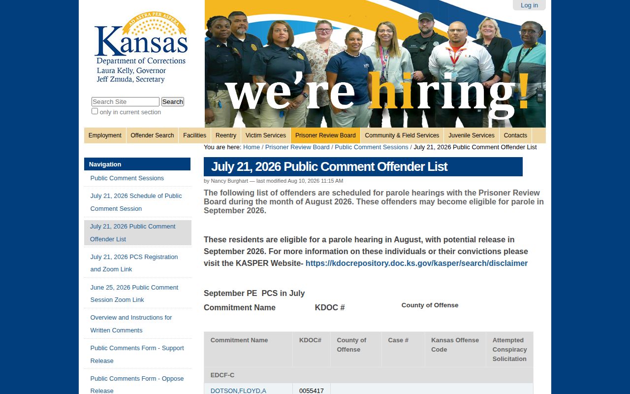 Kansas parole hearing listed people and KDOC numbers