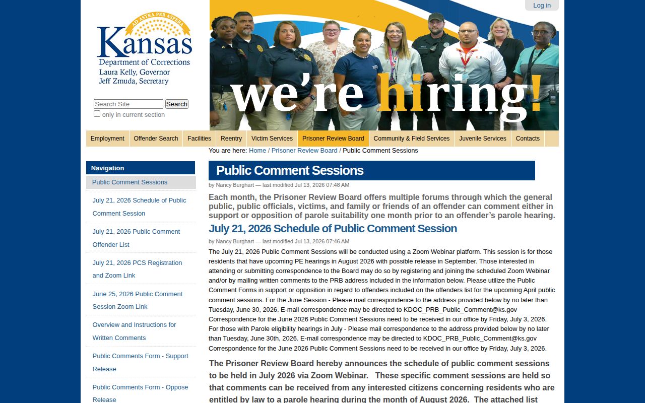 Kansas Prisoner Review Board monthly parole release hearing calendar